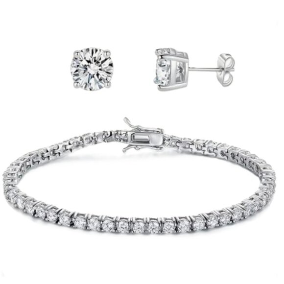 d'vine Products Jewelry - 18K Rhodium-Plated Sterling Silver CZ Tennis Bracelet & 4 Prong Earring Set